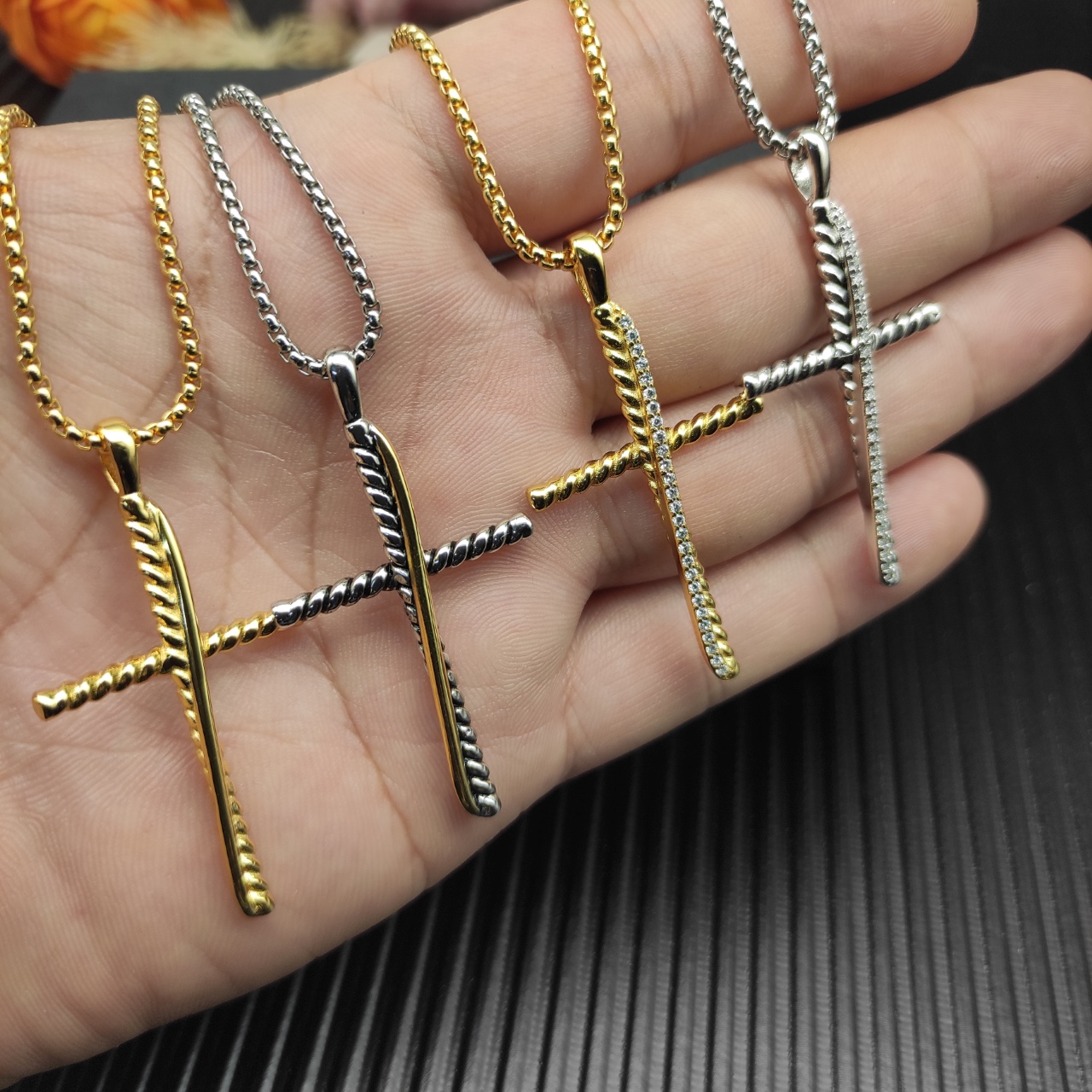 100 💰David Yuurman gold cylinder cross necklace. 2mm chain length 45+5cm delay chain DYXL-166 - 图片 9