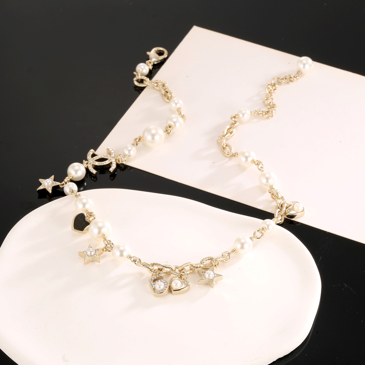 chanel pearl star heart cc charm necklace