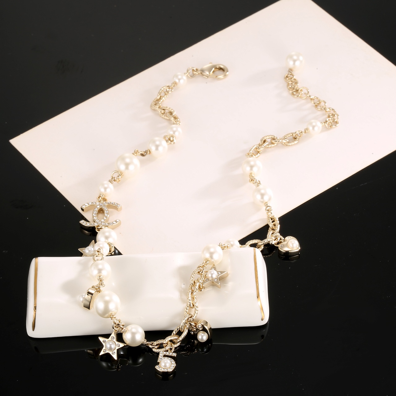 chanel pearl star heart cc charm necklace