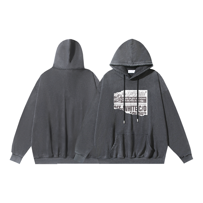 1294#P125 OFF-WHITE sudadera con capucha de algodón puro de 400g lavada y desgastada con estampado de periódico roto ne…