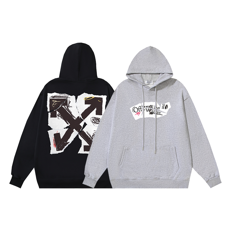 1298#P105 OFF-WHITE sudadera con capucha de algodón puro de 400g, estampado de flecha y papel roto, en negro, gris jasp…