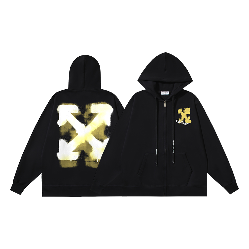 1300#P135 OFF-WHITE cárdigan de algodón puro de 420g, estampado de flecha amarilla con efecto fantasma, en negro, S M L…