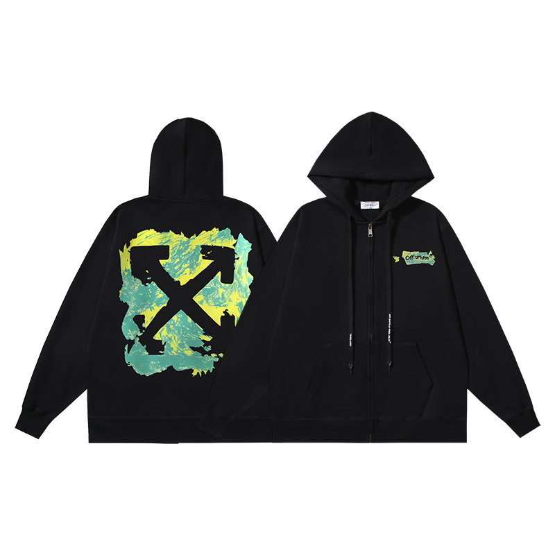 1302#P135 OFF-WHITE cárdigan de algodón puro de 420g, estampado de flecha y graffiti calado, en negro, S M L XL