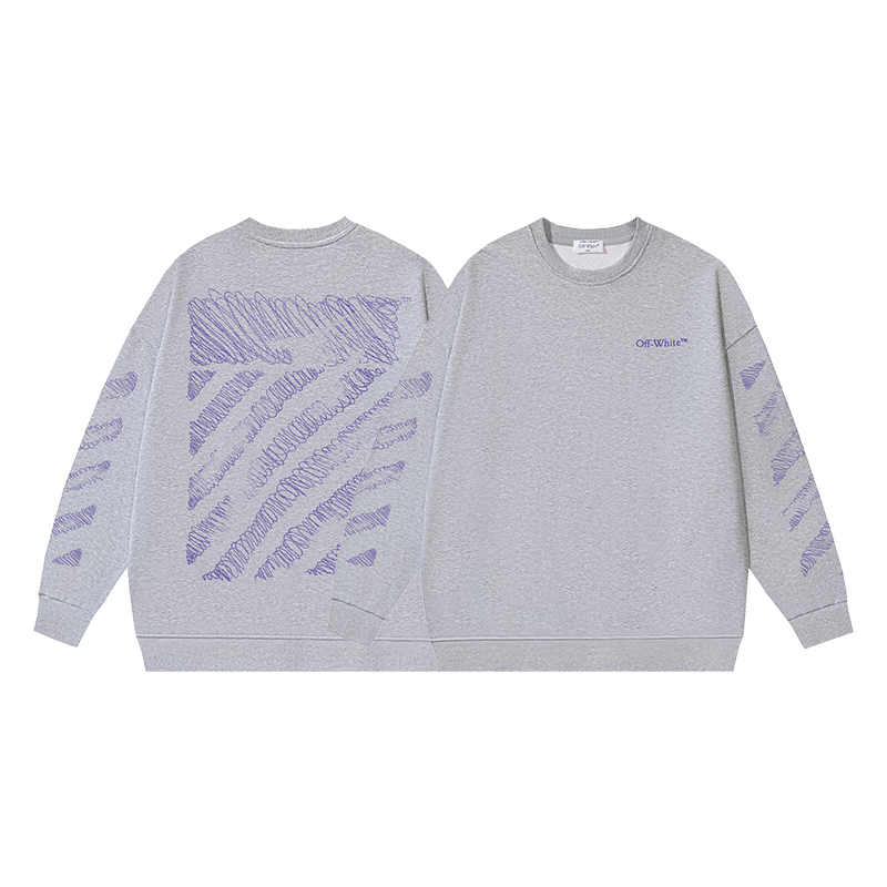 1306#P97 OFF-WHITE sudadera de cuello redondo de algodón puro de 400g, estampado de rayas diagonales con efecto pincela…