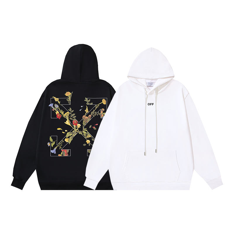 1309#P105 OFF-WHITE sudadera con capucha de algodón puro de 400g, estampado de flecha y flor, en negro, blanco, S M L XL