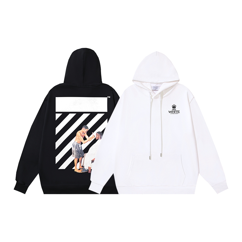 1310#P105 OFF-WHITE algodón puro con felpa 400g, sudadera con capucha estampada de corona, rayas diagonales y barbero n…