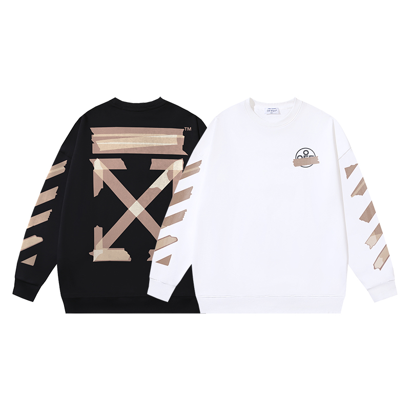 1314#P97 OFF-WHITE algodón puro con felpa 400g, sudadera de cuello redondo con estampado de flechas y cinta adhesiva, e…
