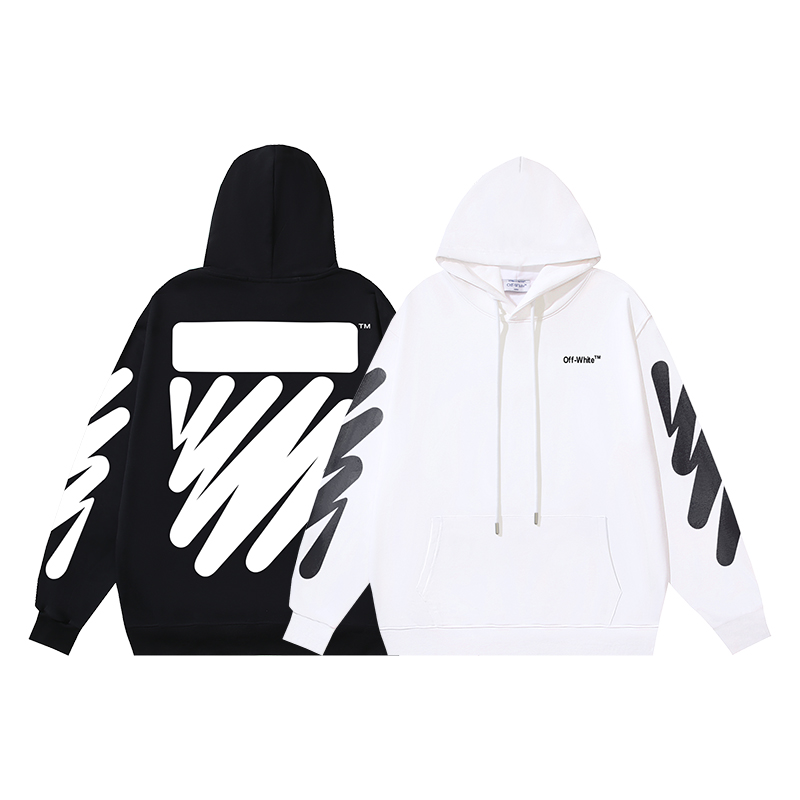 1316#P113 OFF-WHITE algodón puro con felpa 400g, sudadera con capucha estampada de líneas onduladas y rayas diagonales,…