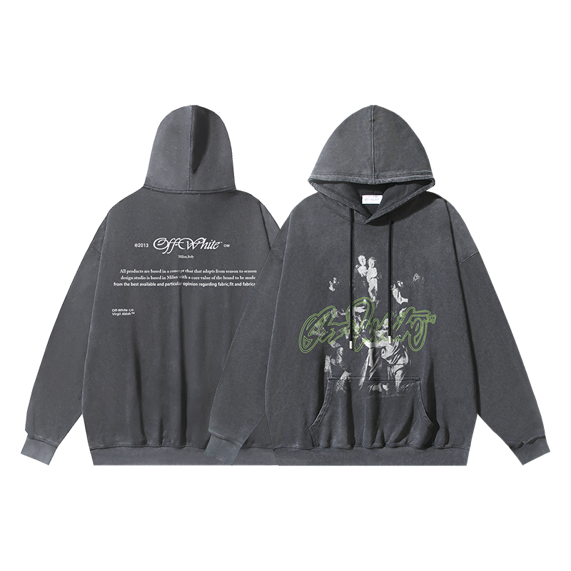 1318#P125 OFF-WHITE sudadera con capucha de algodón puro de 400g lavada y desgastada con estampado de pintura…