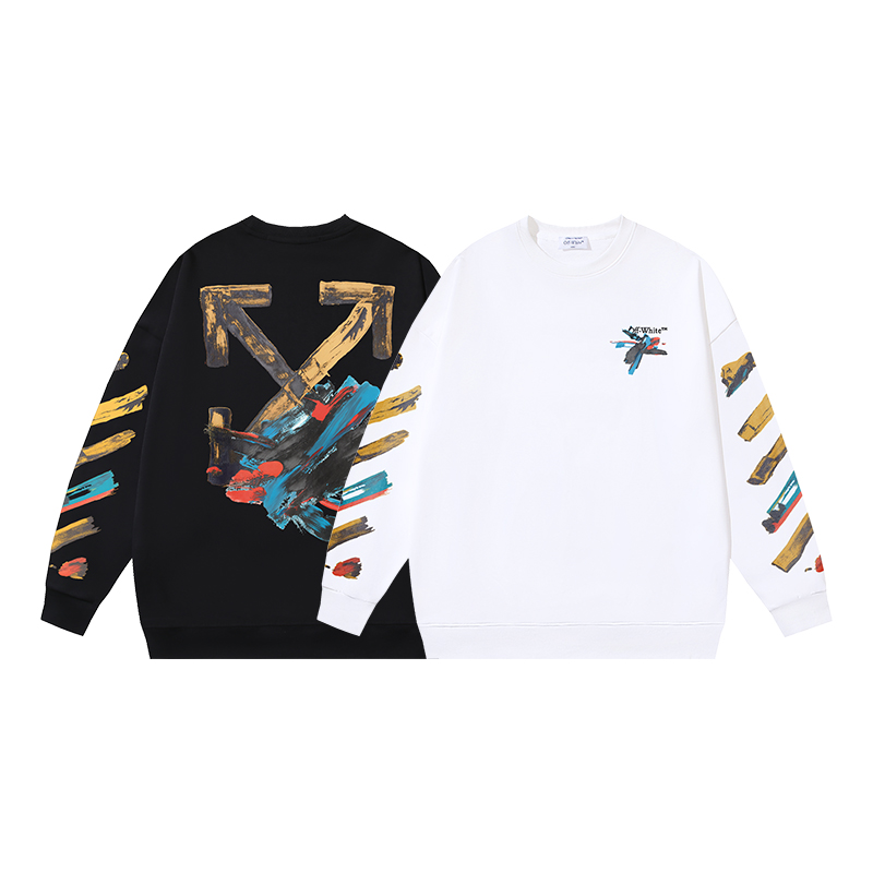 1319#P97 OFF-WHITE algodón puro con felpa 400g, sudadera de cuello redondo con estampado de flechas de pintura graffiti…