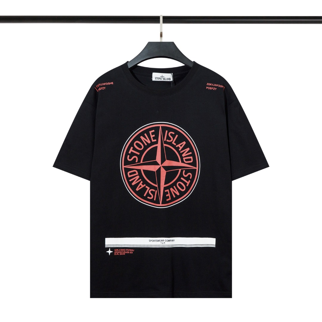 Stone Island Vêtements T-Shirt Noir Blanc Imprimé Coton