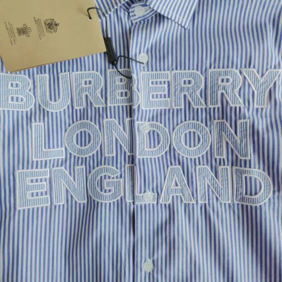 细节图 BURBERRY 23经典蓝色条纹字母刺绣款长袖条纹衬衫