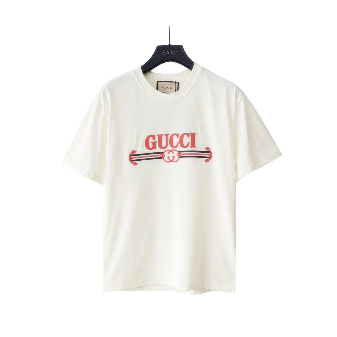 实拍细节图 +尺码表 GUCCI 古驰 双G相扣字母刺绣拉带T桖