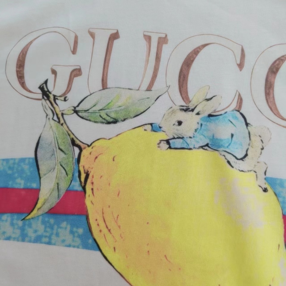 实拍细节图+尺码表 GUCCI 古驰 彼得兔系列柠檬小兔印花短袖