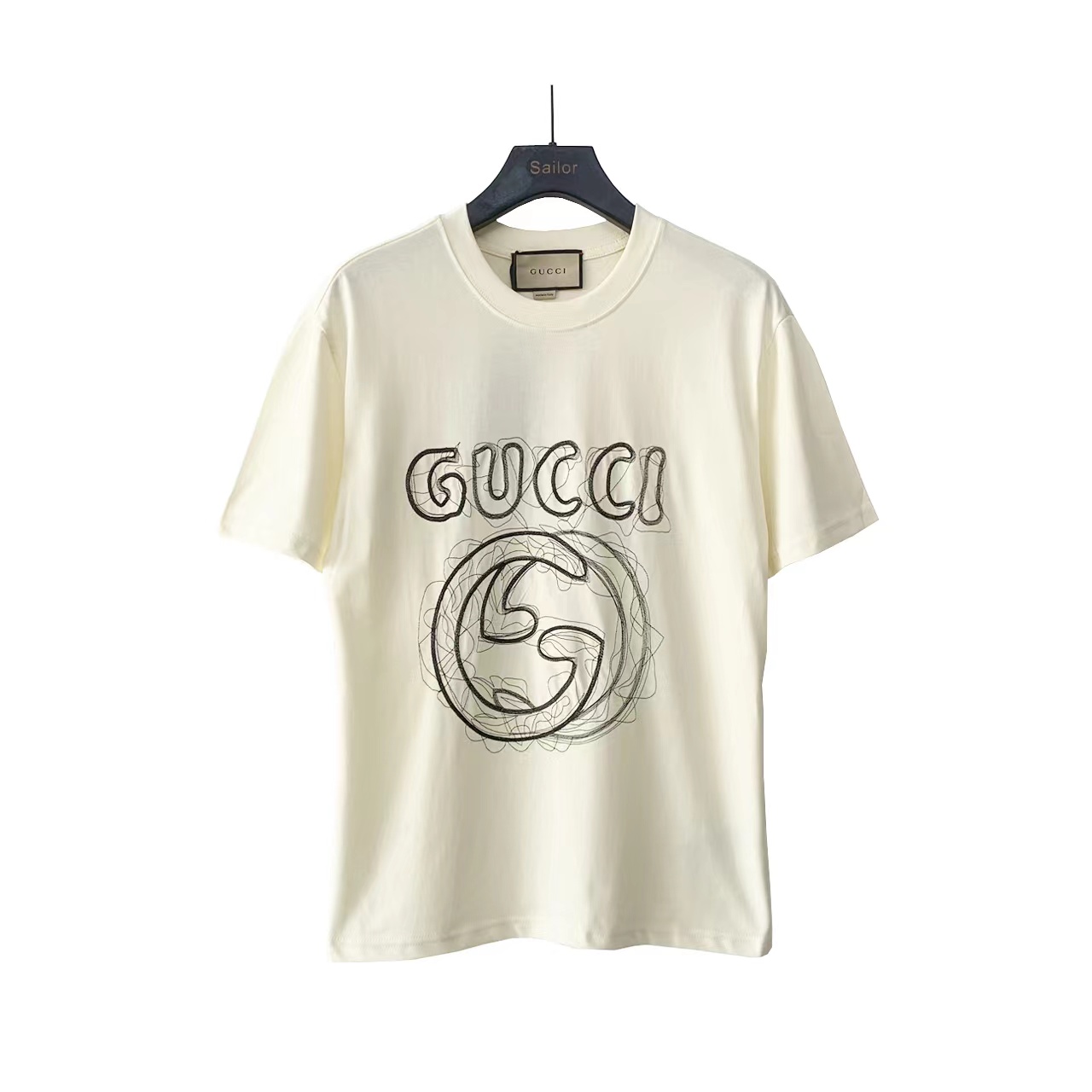 实拍细节图+尺码表 Gucci 手绘定制刺绣LOGO圆领短袖