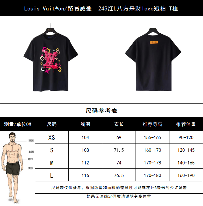 实拍细节图 +尺码表 Louis Vuit*on/路易威登 24S红L八方来财logo短袖 T桖