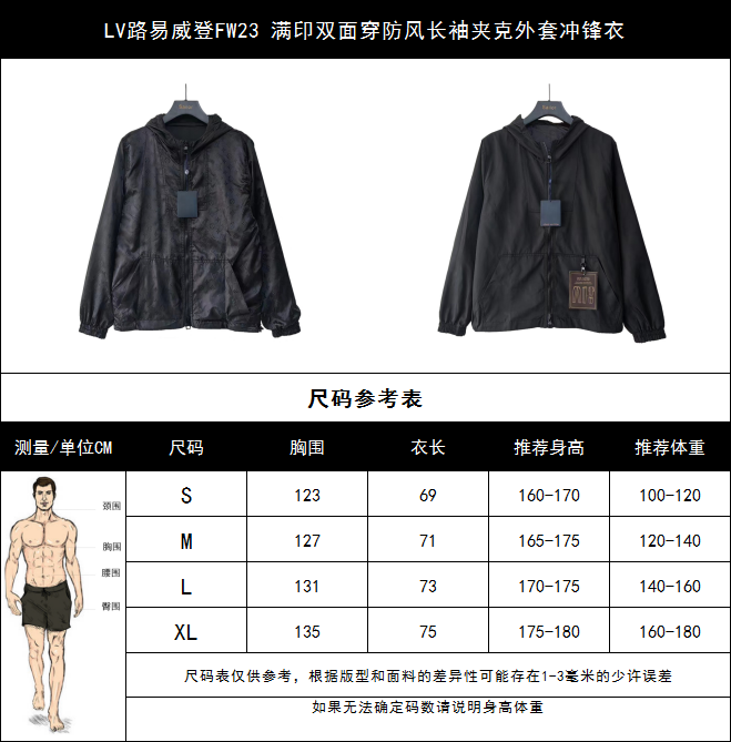 实拍细节图+尺码表 （顶级版本 区别通货） LV路易威登FW23 满印双面穿防风长袖夹克外套冲锋衣