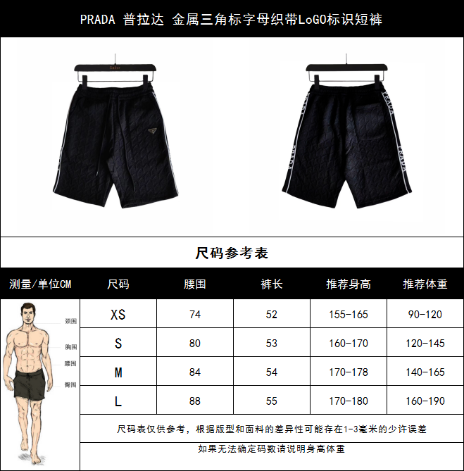 实拍细节图+尺码表 PRADA 普拉达 金属三角标字母织带LoGO标识短裤