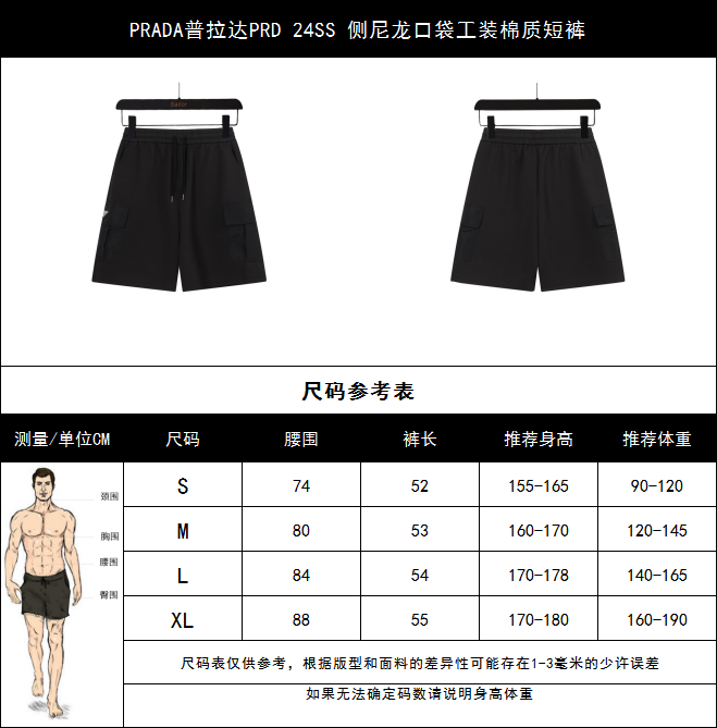 实拍细节图+尺码表 PRADA普拉达PRD 24SS 侧尼龙口袋工装棉质短裤