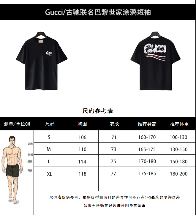 实拍细节图+尺码表 Gucci/古驰联名巴黎世家涂鸦短袖