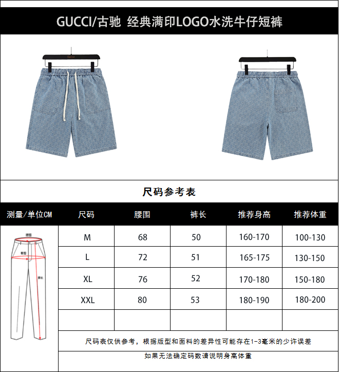 P170 实拍细节图+尺码表 GUCCI/古驰 经典满印LOGO水洗牛仔短裤