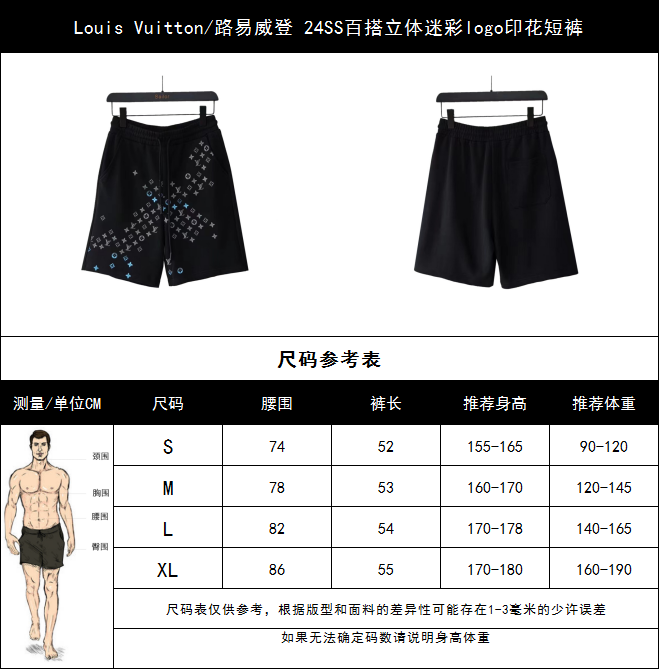 实拍细节图 +尺码表 Louis Vuitton/路易威登 24SS百搭立体迷彩logo印花短裤