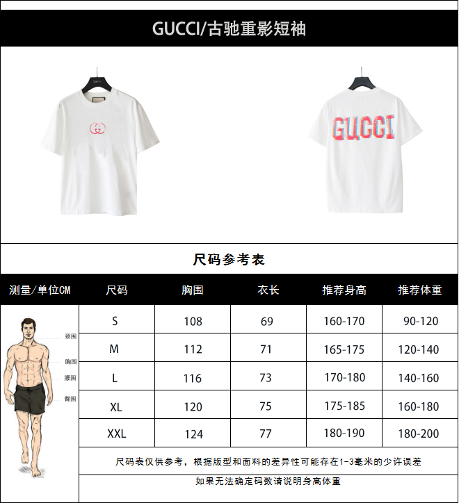 实拍细节图+尺码表 GUCCI/古驰 24SS 重影logo短袖