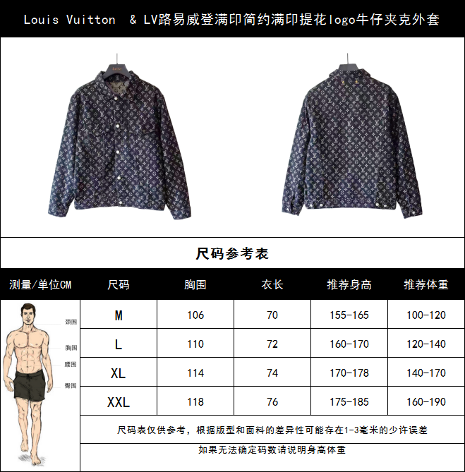 实拍细节图+尺码表 Louis Vuitton & LV路易威登满印简约满印提花logo牛仔夹克外套