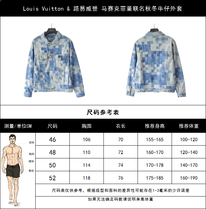 实拍细节图+尺码表 Louis Vuitton & 路易威登 马赛克菲董联名秋冬牛仔外套