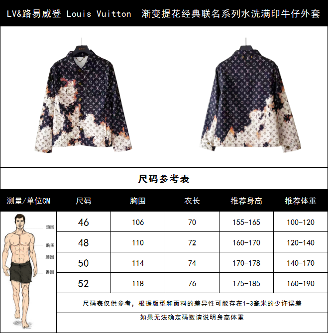 实拍细节图+尺码表 LV&路易威登 Louis Vuitton 渐变提花经典联名系列水洗满印牛仔外套