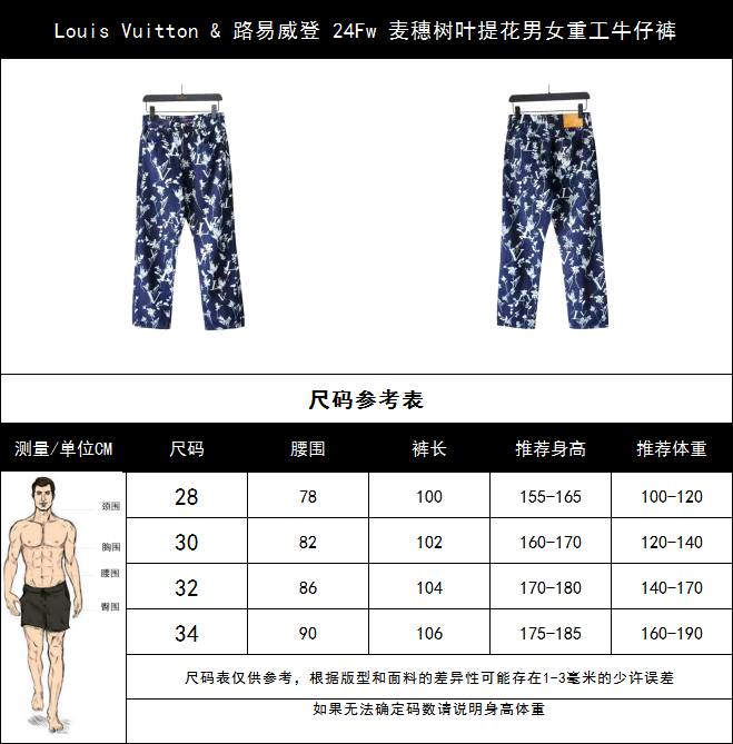 实拍细节图+尺码表 Louis Vuitton & 路易威登 24Fw 麦穗树叶提花男女重工牛仔裤