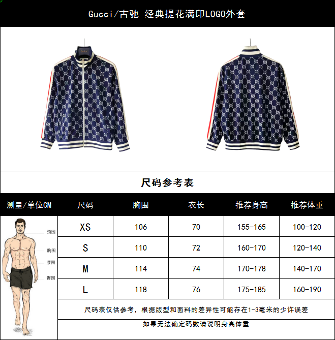 实拍细节图+尺码表 Gucci/古驰 经典提花满印LOGO外套