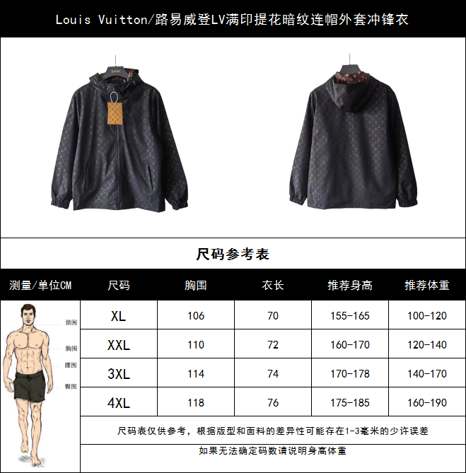 实拍细节图+尺码表 Louis Vuitton/路易威登LV满印提花暗纹连帽外套冲锋衣