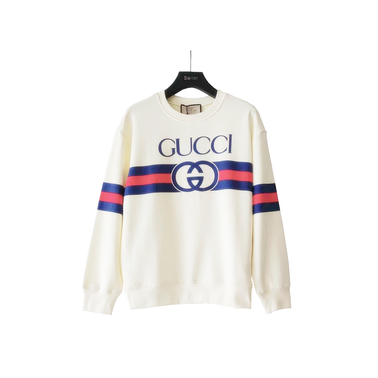 实拍细节图+尺码表 GUCCI/古驰 双G红蓝条logo印花圆领卫衣