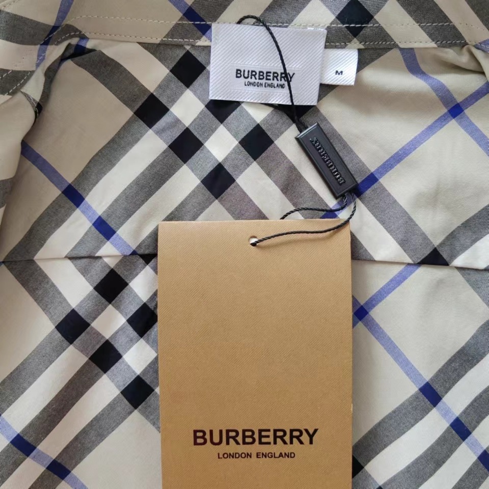 实拍细节图+尺码表 BURBERRY/巴宝莉 新款格子斜纹对格长袖条纹衬衫