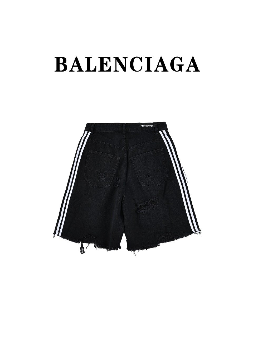 Balenciaga x adidas 24ss Large Baggy联名款三道杠水洗破洞牛仔短裤