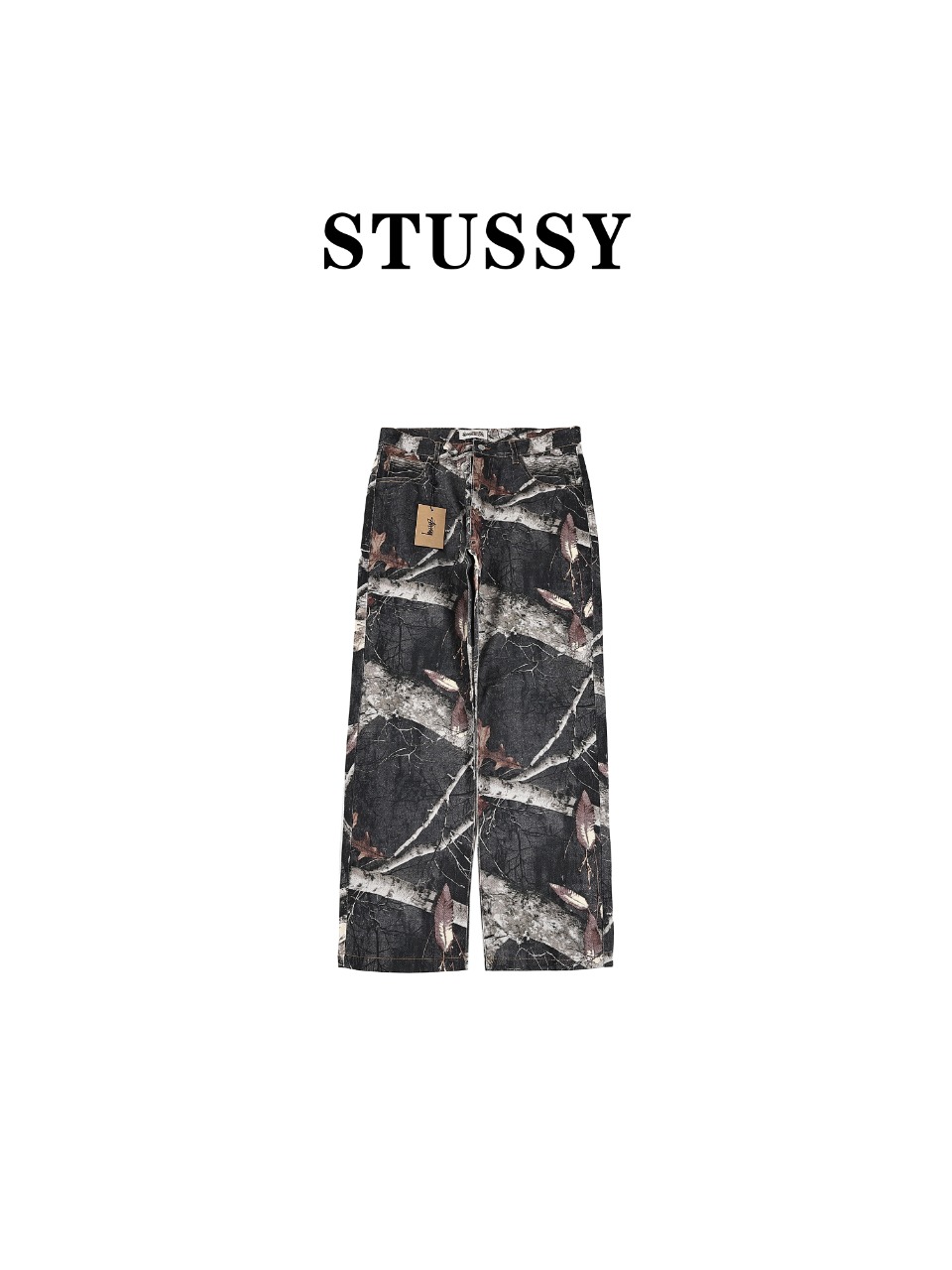 Stussy FW23斯图西假日系列 满印迷彩枫叶树枝直筒牛仔工装裤