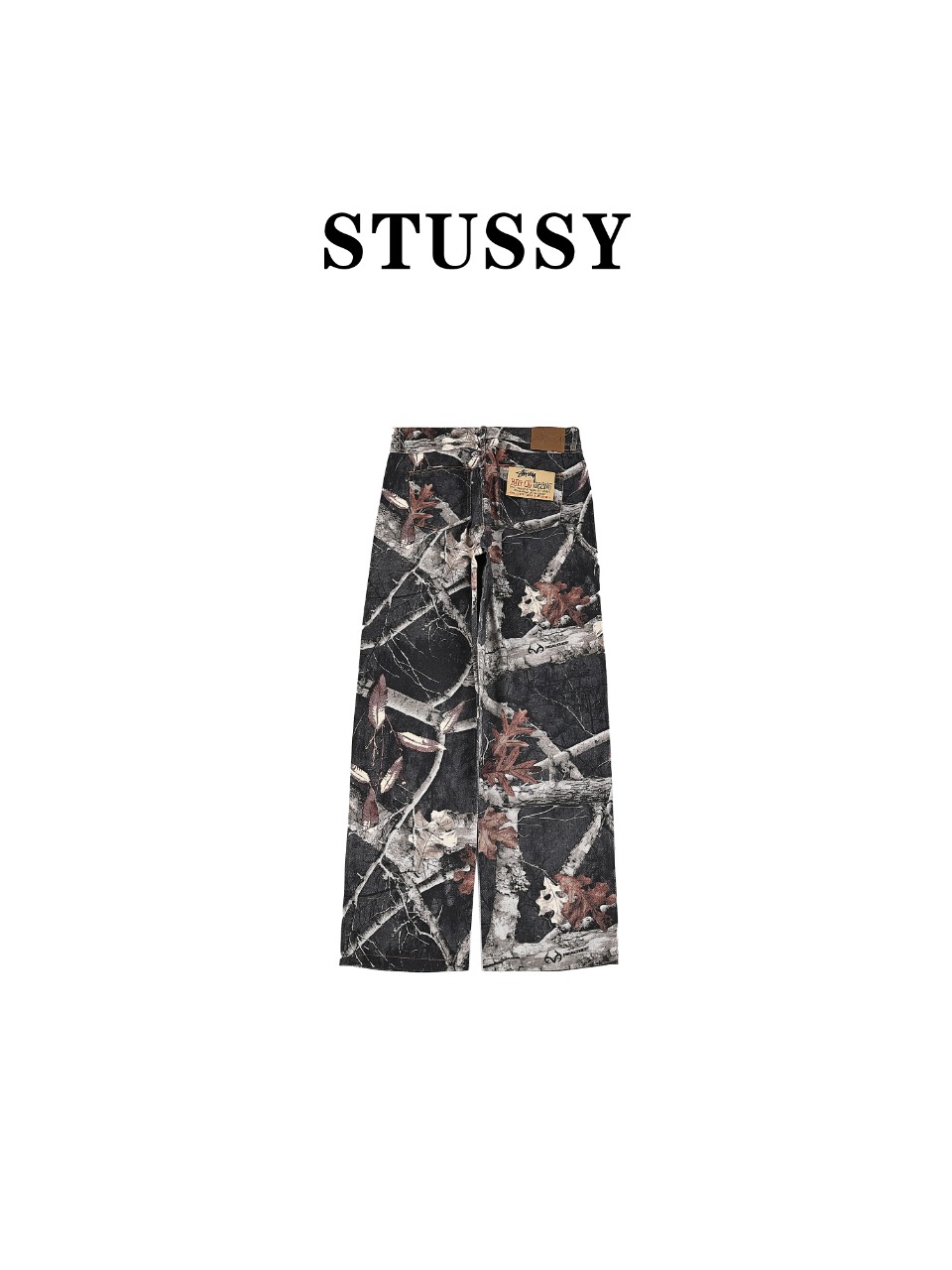 Stussy FW23斯图西假日系列 满印迷彩枫叶树枝直筒牛仔工装裤