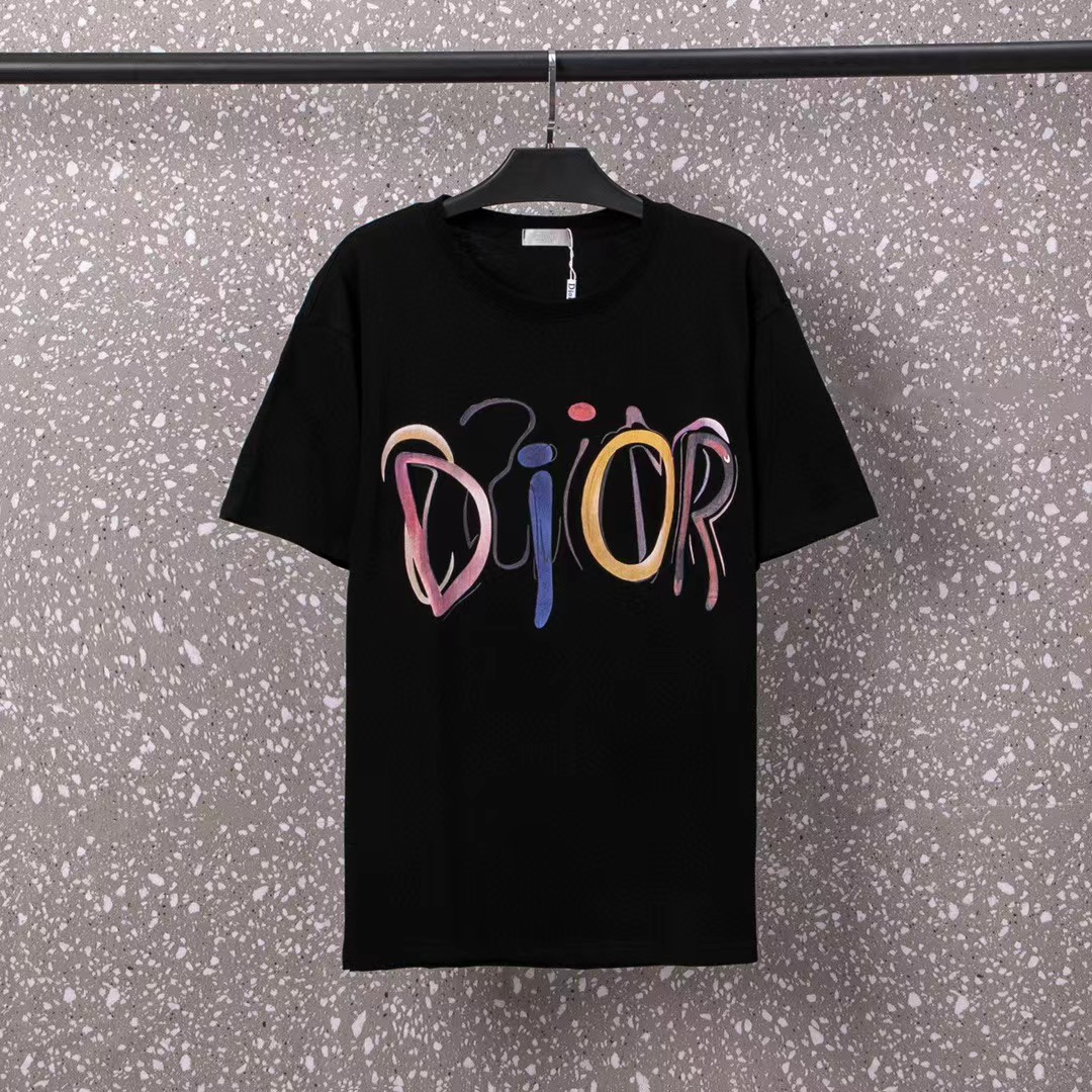 #Dior男女同款32S双纱爽全棉280克重高品质涂鸦艺术字母数码直喷工艺-颜色:黑/白-码数:XS-L
