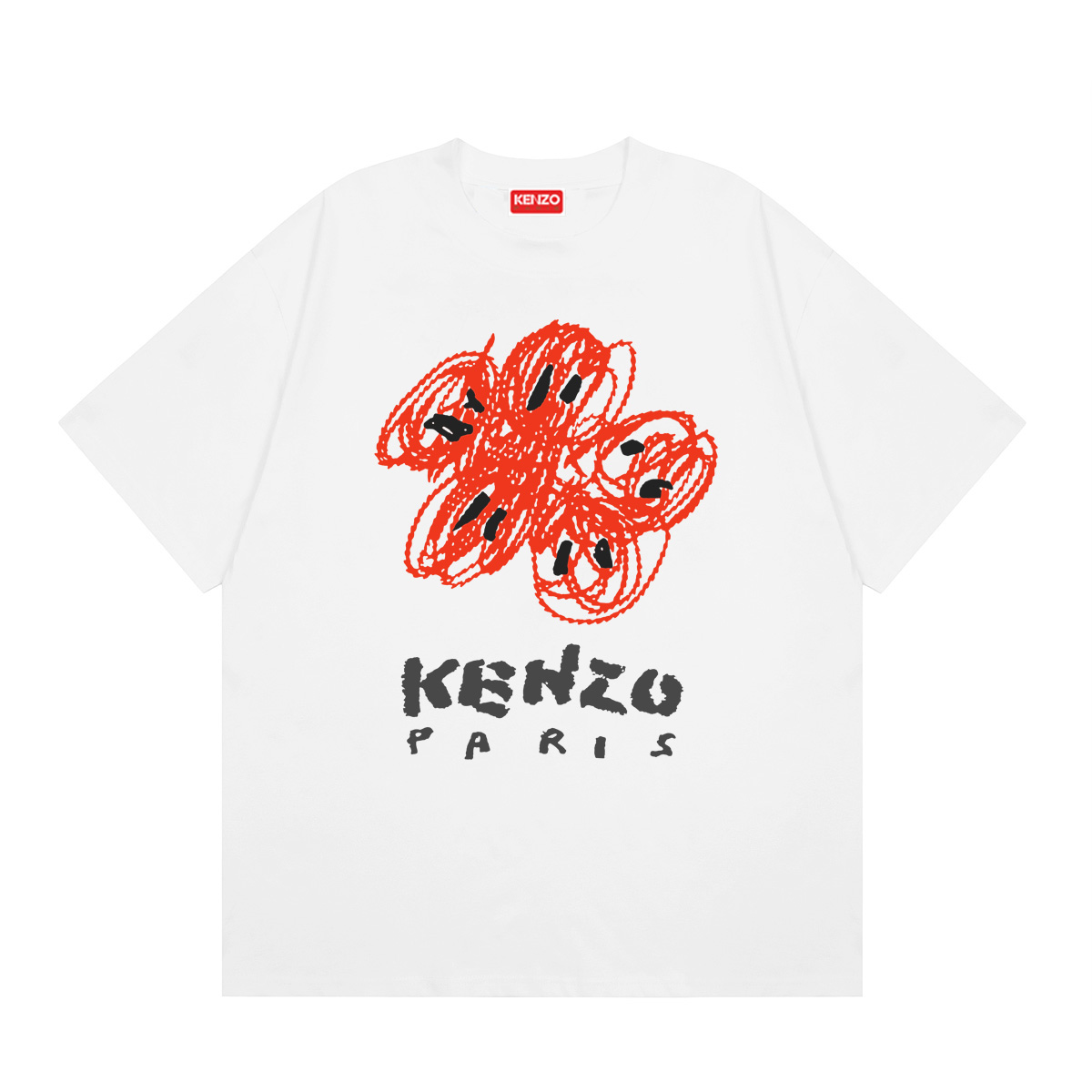 KENZO Camiseta con líneas florales irregulares 'drawing VARSITY', colores: negro, albaricoque, blanco, azul m…