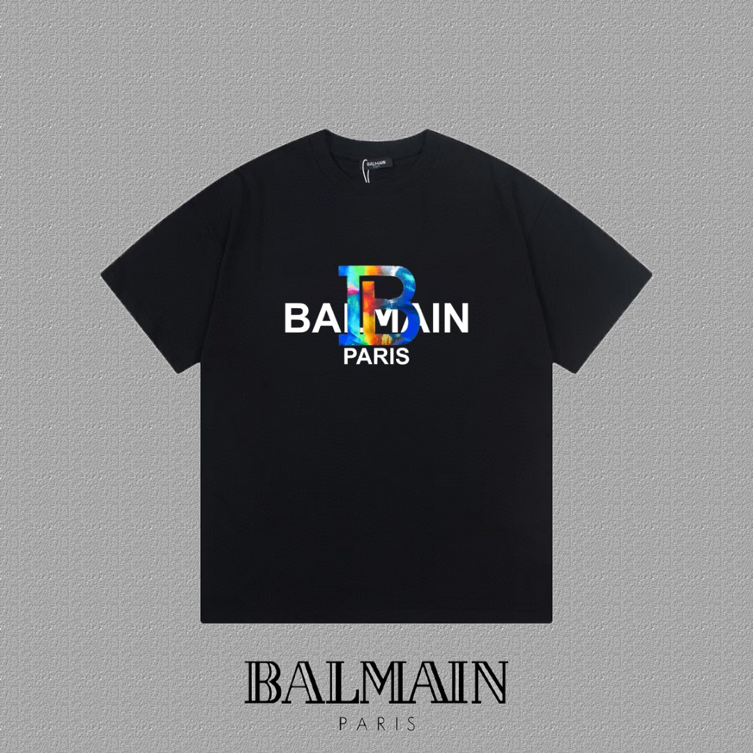 High-End Balmain Short Sleeve T-Shirts with Silica Plaster and Logo Printing - 图片 1