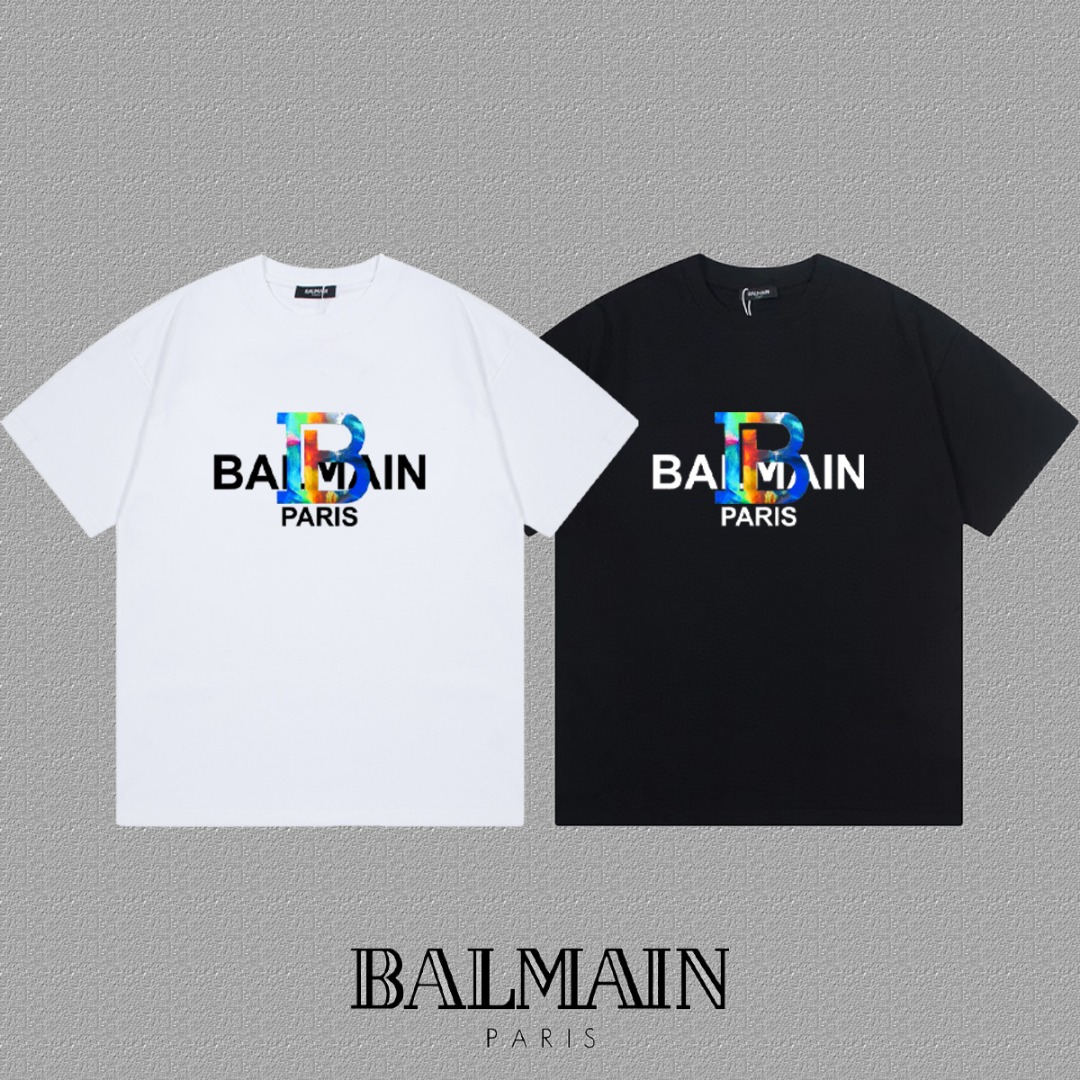 High-End Balmain Short Sleeve T-Shirts with Silica Plaster and Logo Printing - 图片 3