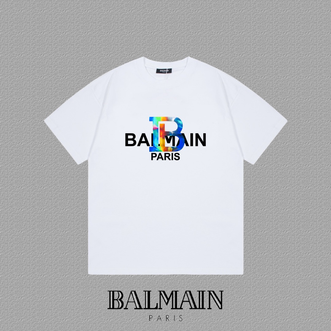 High-End Balmain FW Short Sleeve T-Shirts with Silica Plaster and Logo Printing - 图片 1