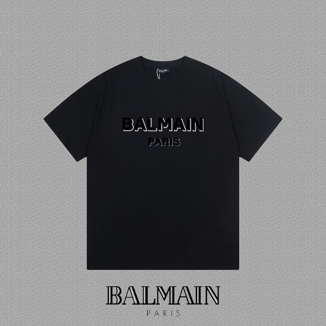 High-End Balmain Short Sleeve T-Shirts with Thickboard Letter Logo in Black and White