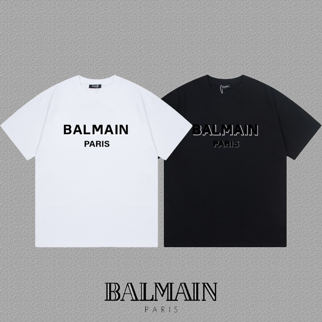 High-End Balmain Short Sleeve T-Shirts with Thickboard Letter Logo in Black and White - 图片 3