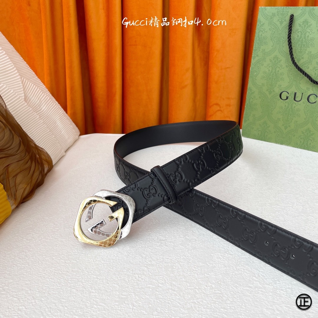 Gucci经典Signature压G花宽度4.0cm互扣式双G间金扣！