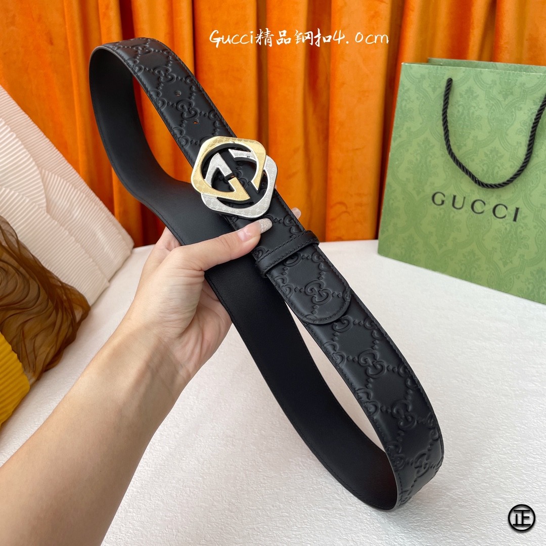 Gucci经典Signature压G花宽度4.0cm互扣式双G间金扣！