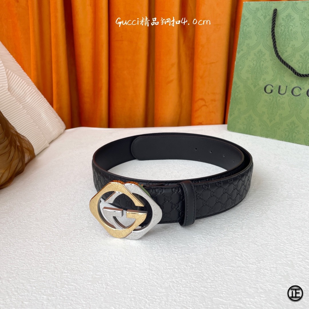 Gucci经典Signature压G花宽度4.0cm互扣式双G间金扣！