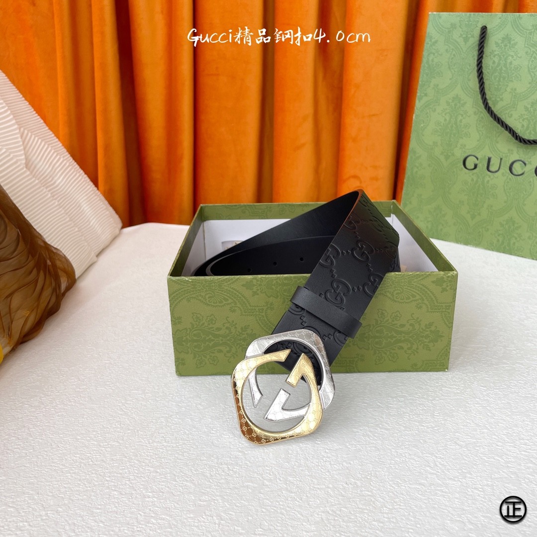 Gucci经典Signature压G花宽度4.0cm互扣式双G间金扣！