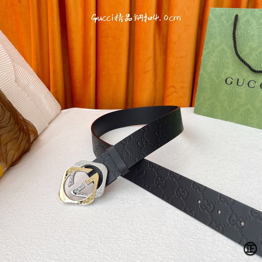 Gucci经典Signature压G花宽度4.0cm互扣式双G间金扣！